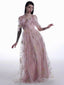 Rosa 1970er Slip Blumen Besticktes Netz Schlitz Kleid