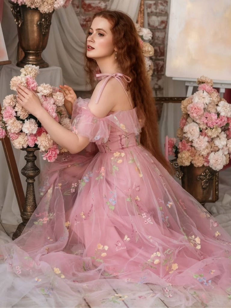 Rosa 1970er Slip Blumen Besticktes Netz Schlitz Kleid