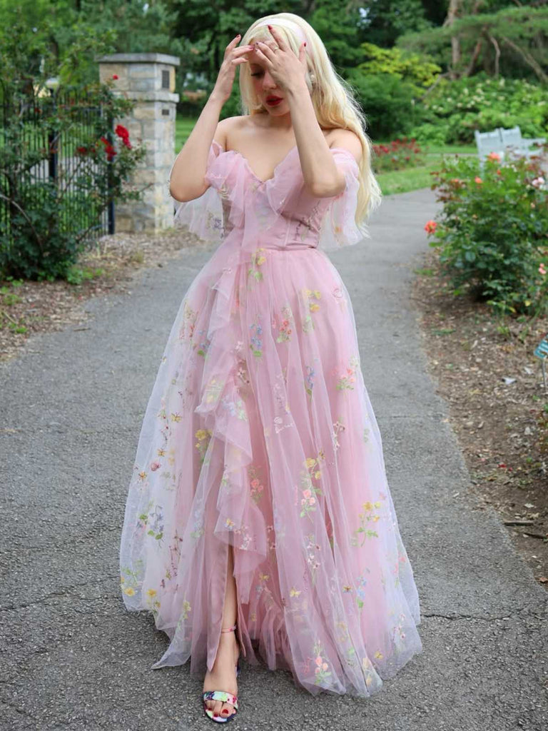 Rosa 1970er Slip Blumen Besticktes Netz Schlitz Kleid