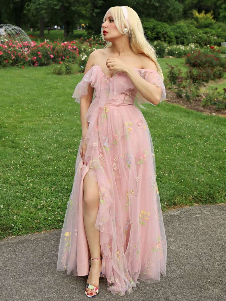 Rosa 1970er Slip Blumen Besticktes Netz Schlitz Kleid