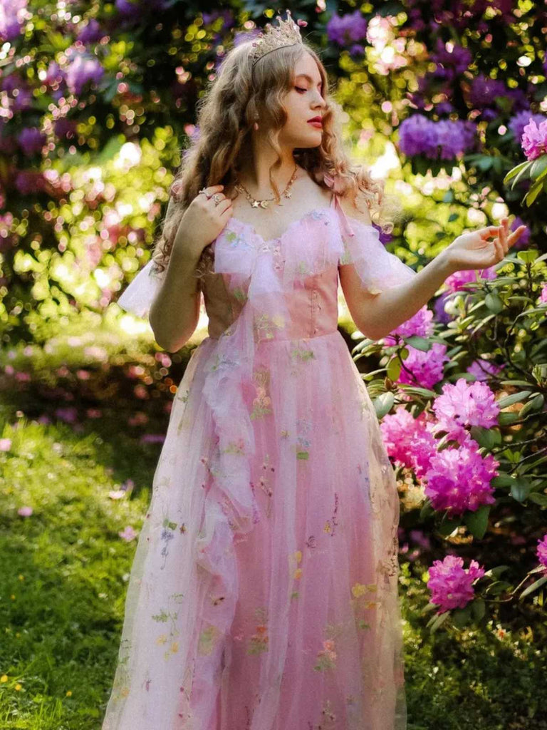 Rosa 1970er Slip Blumen Besticktes Netz Schlitz Kleid