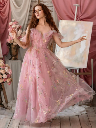 Rosa 1970er Slip Blumen Besticktes Netz Schlitz Kleid