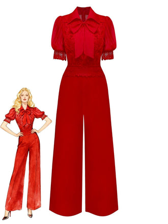 1950er Solide Revers Blumen Spitze Bindekragen Jumpsuit