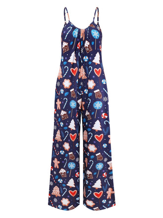 Blau 1930er Weihnachten Elemente Gedruckt Träger Jumpsuit