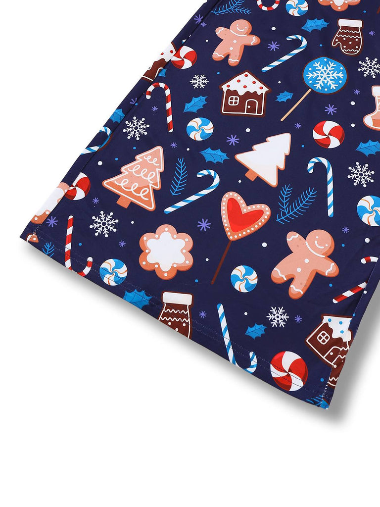 Blau 1930er Weihnachten Elemente Gedruckt Träger Jumpsuit