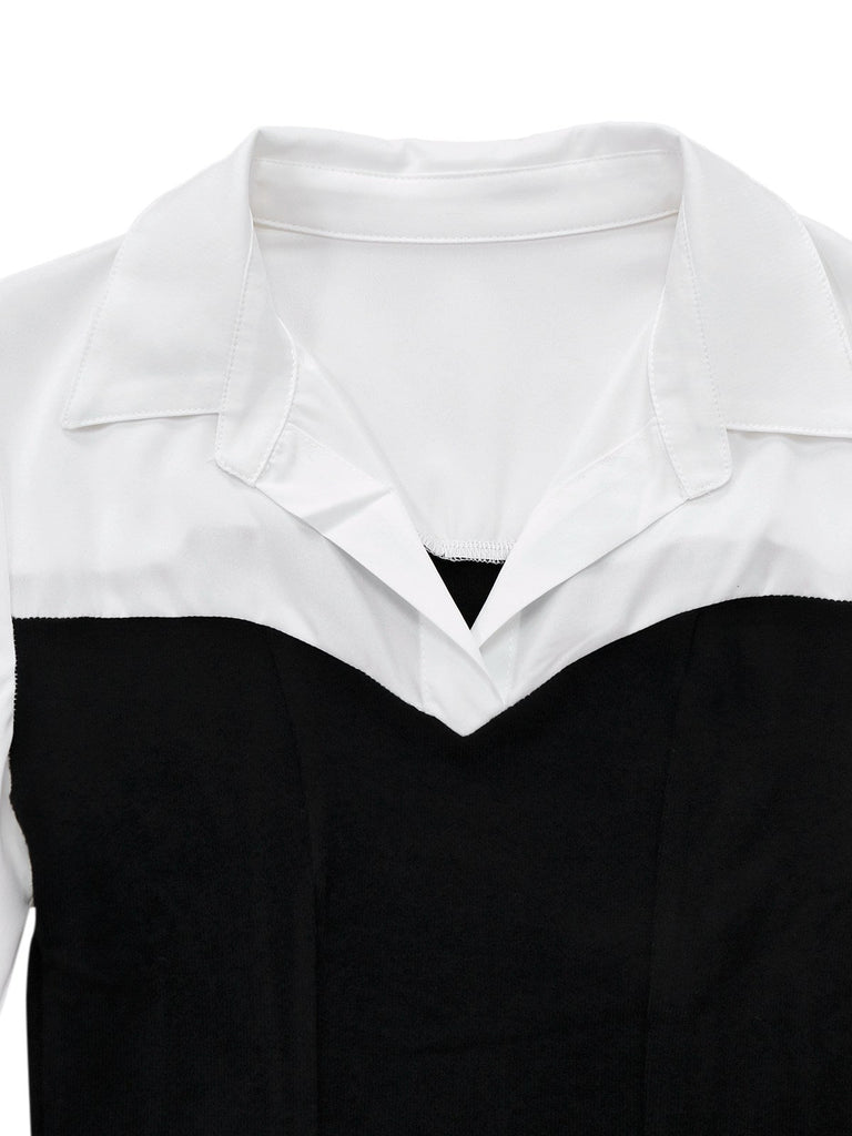 Schwarz & Weiß 1960er Farbblock Plissiertes Revers Kleid