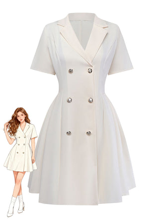 Beige 1970er Zweireihig Revers Plissiertes Kleid