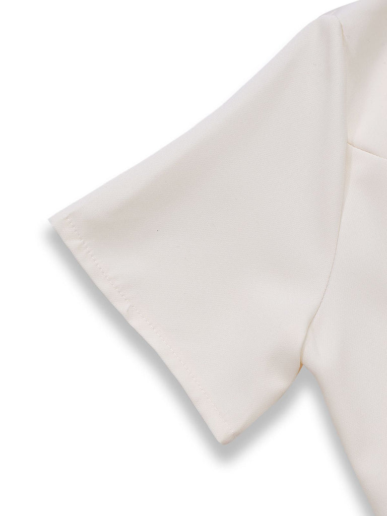 Beige 1970er Zweireihig Revers Plissiertes Kleid