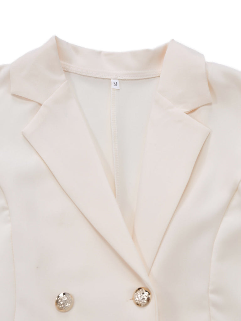 Beige 1970er Zweireihig Revers Plissiertes Kleid