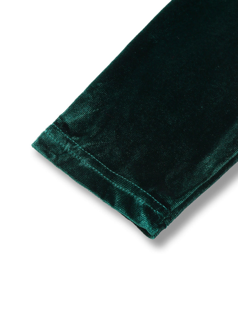 Grün 1960er Samt Gerüschtes Langarm Enges Kleid