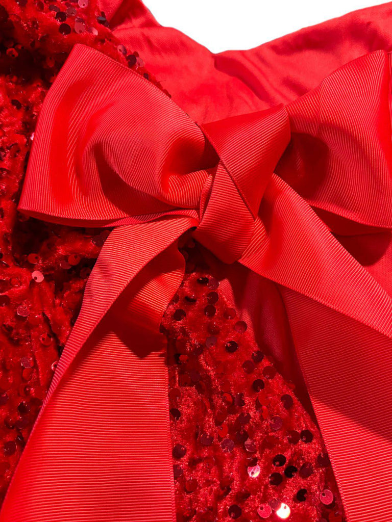 Rot 1960er Pailletten Bogen Rundhals Langarm Kleid