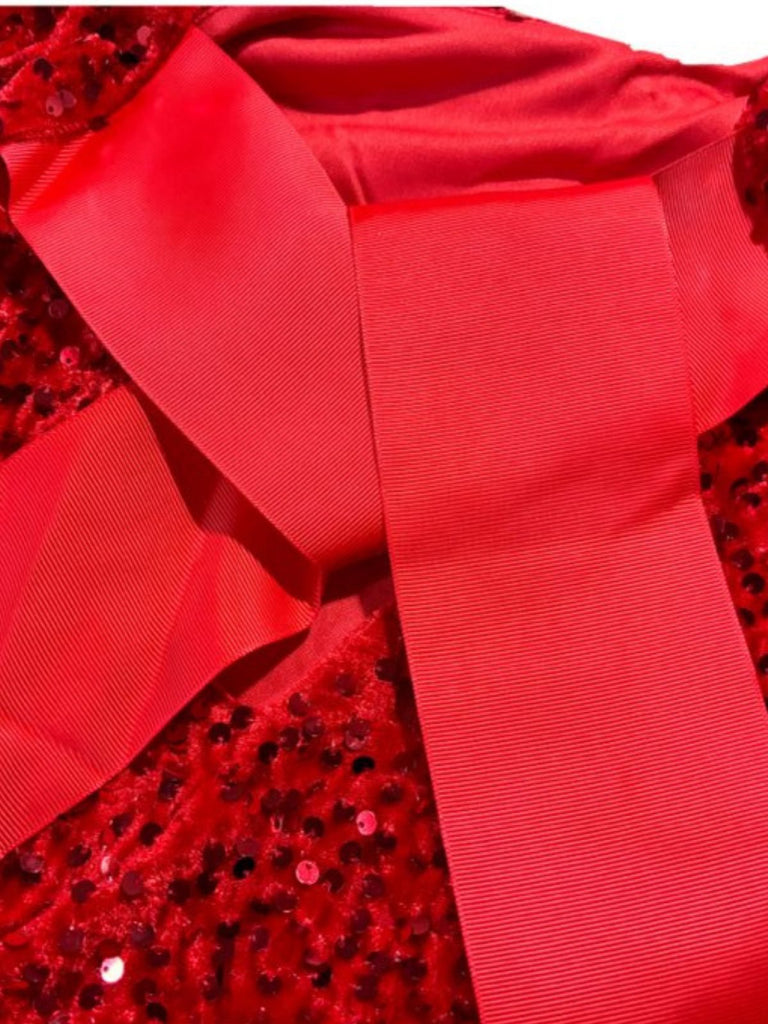 Rot 1960er Pailletten Bogen Rundhals Langarm Kleid