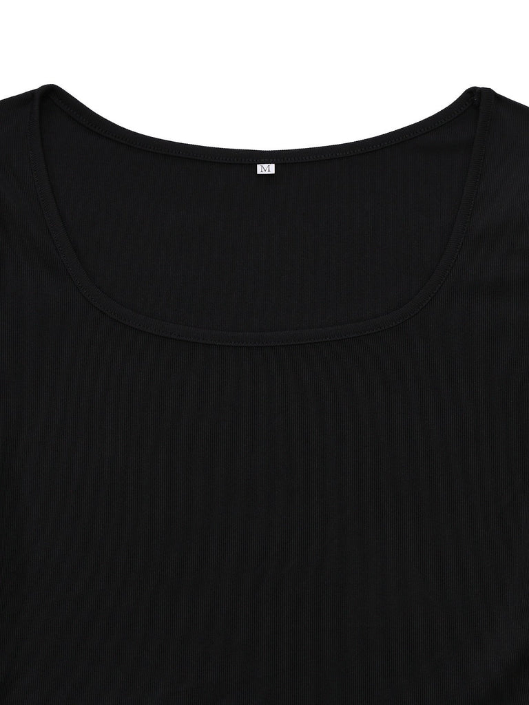 Khaki 1970er Gestricktes Quadratischer Hals Blumen Kleid