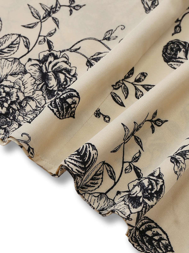 Khaki 1970er Gestricktes Quadratischer Hals Blumen Kleid