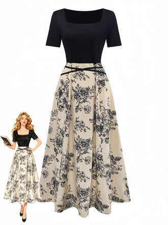 Khaki 1970er Gestricktes Quadratischer Hals Blumen Kleid