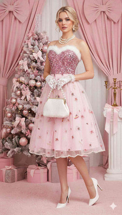 [Vorverkauf] Rosa 1950er Weihnachten Pelzig Trägerlos Pailletten Netz Kleid