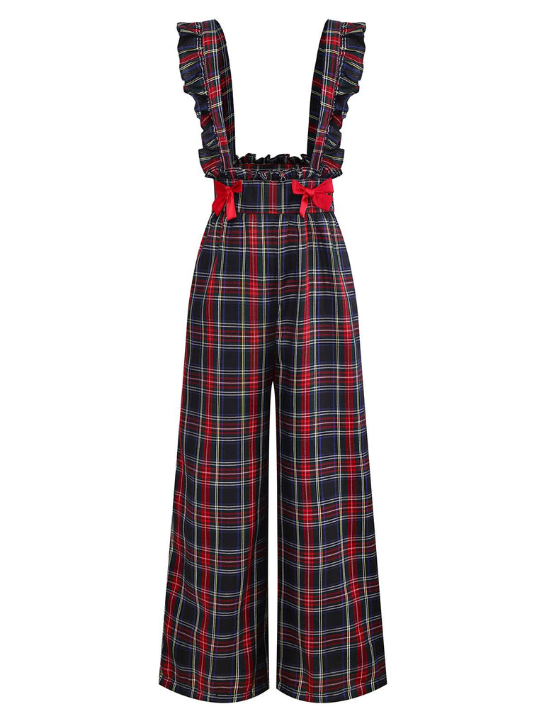 [Vorverkauf] Schwarz 1940er Tartan Plaid Rüschen Bogen Latzhose