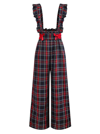 [Vorverkauf] Schwarz 1940er Tartan Plaid Rüschen Bogen Latzhose