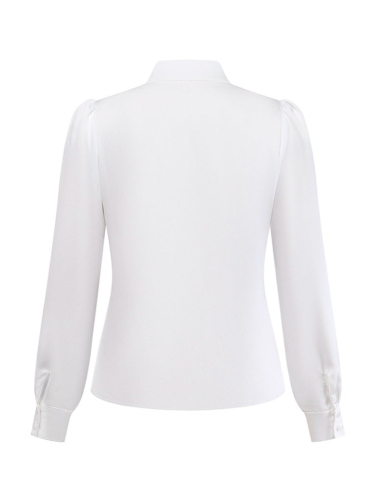 [Vorverkauf] Weiß 1940er Solide Bindekragen Satin Bluse