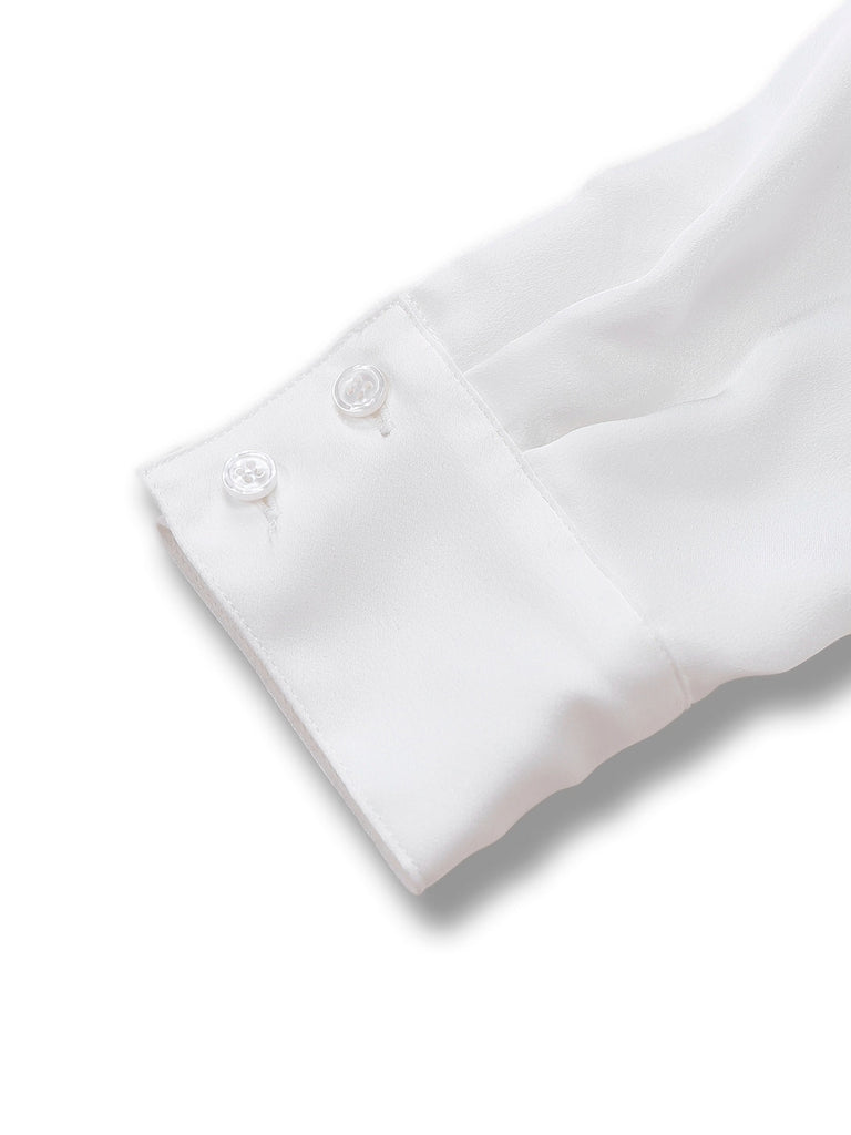 [Vorverkauf] Weiß 1940er Solide Bindekragen Satin Bluse