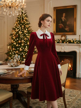 [Vorverkauf] Rot 1940er Samt Hemdkragen Bogen Kleid