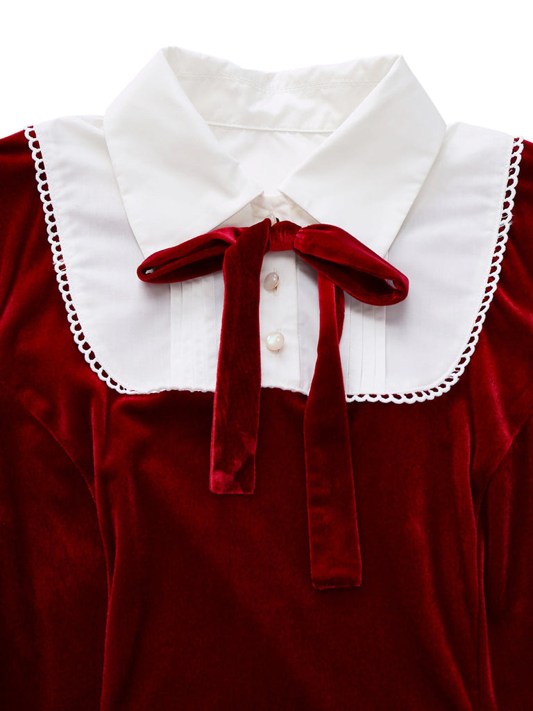 [Vorverkauf] Rot 1940er Samt Hemdkragen Bogen Kleid