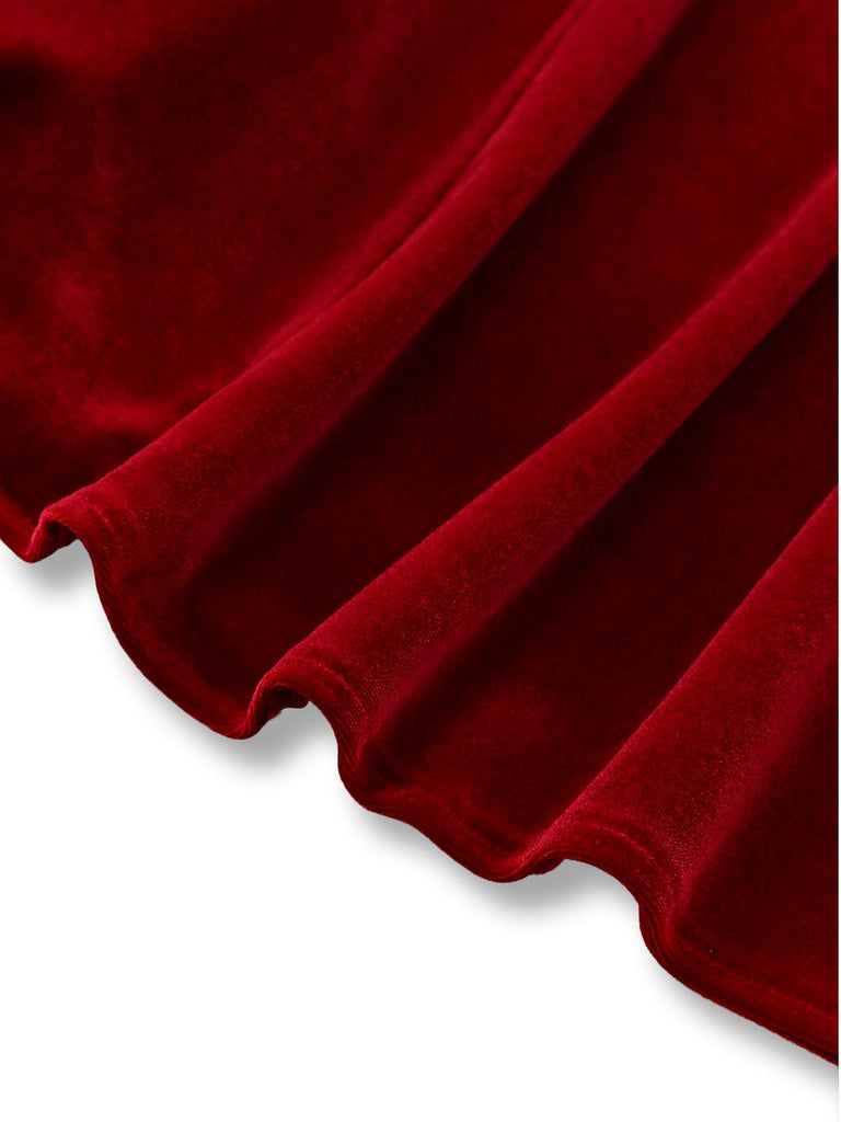 [Vorverkauf] Rot 1940er Samt Hemdkragen Bogen Kleid