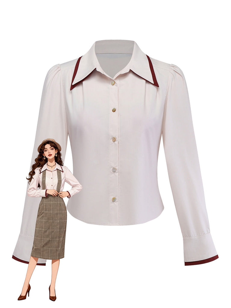 [Vorverkauf] Beige 1960er Schlitzärmel Kontrast Revers Bluse