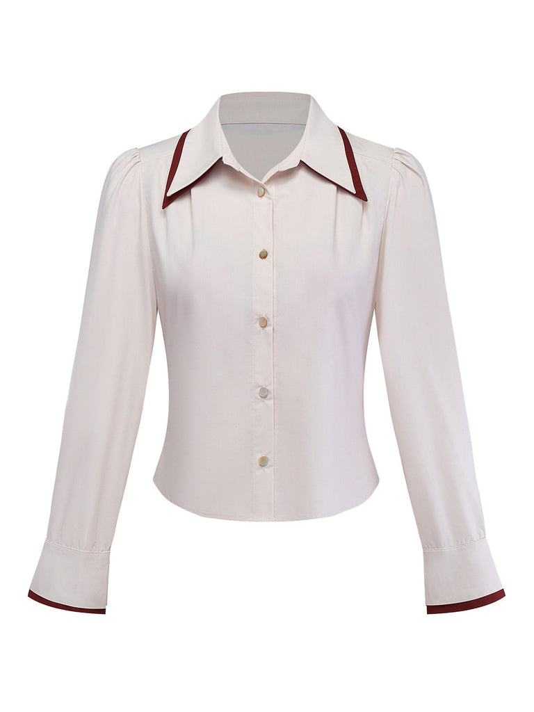 [Vorverkauf] Beige 1960er Schlitzärmel Kontrast Revers Bluse