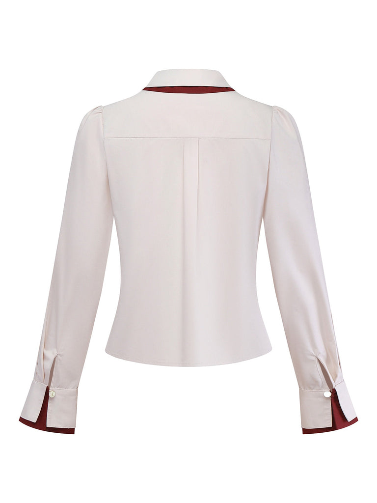 [Vorverkauf] Beige 1960er Schlitzärmel Kontrast Revers Bluse