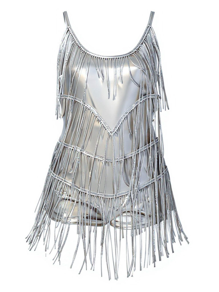 1960er Fringe Solide Rückenfrei Evening Romper