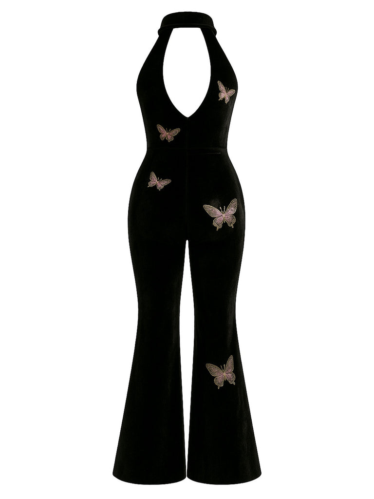 [Vorverkauf] Schwarz 1930er Samt Halter Schmetterling Besticktes Jumpsuit