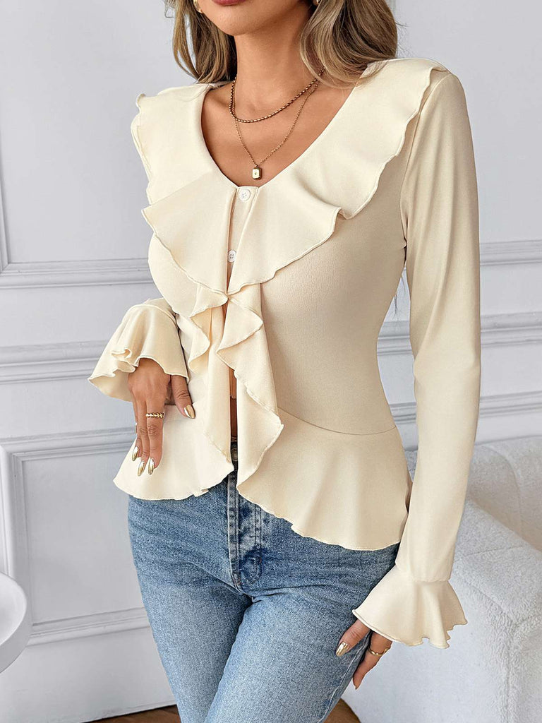 Beige 1950er Solide Rüschen Revers Kragen Top