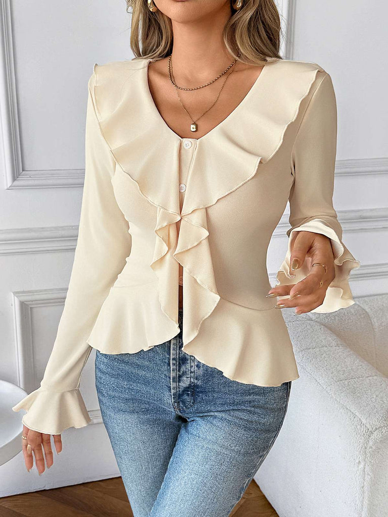 Beige 1950er Solide Rüschen Revers Kragen Top