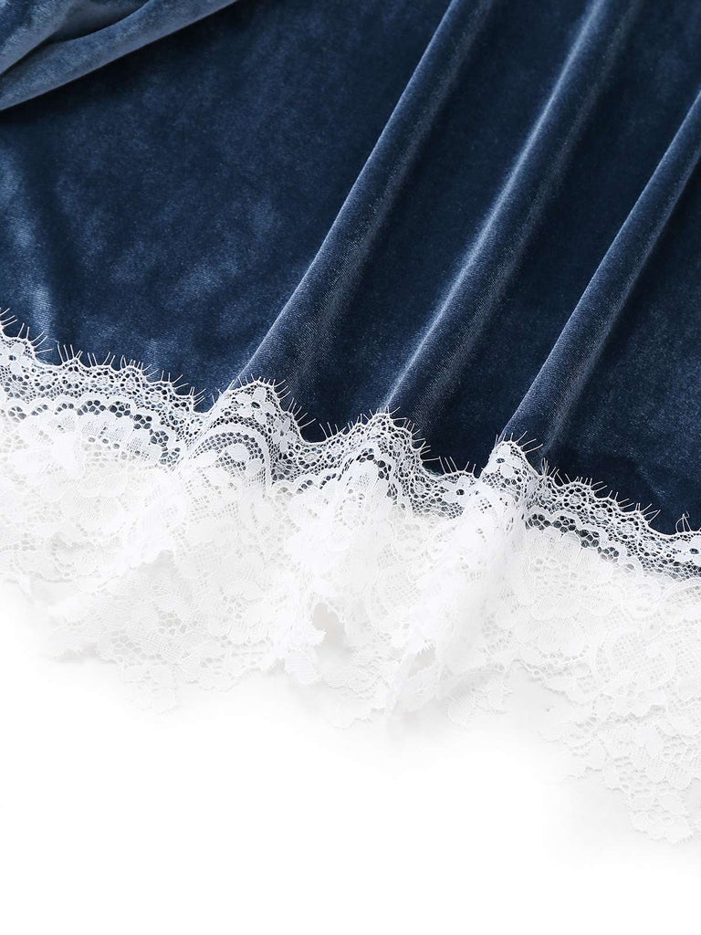 Blau 1930er Kunstpelz Spitze Patchwork Samt Kleid