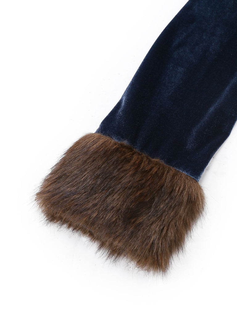 Blau 1930er Kunstpelz Spitze Patchwork Samt Kleid