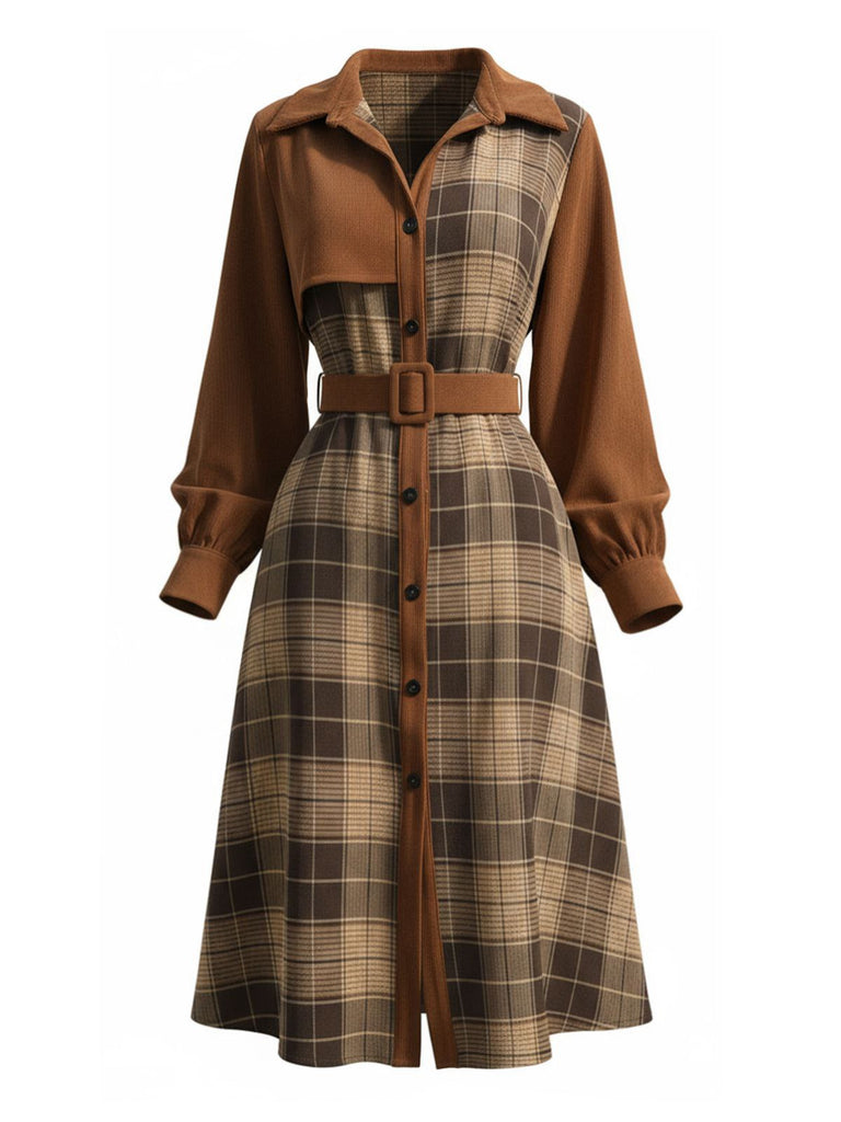 Braun 1950er Plaid Cord Hemdkragen Kleid