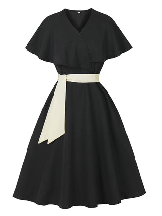Schwarz 1950er V-Ausschnitt Cape-Kragen Gürtel Kleid