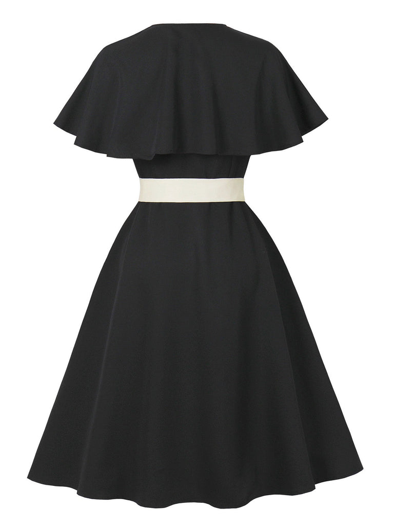 Schwarz 1950er V-Ausschnitt Cape-Kragen Gürtel Kleid