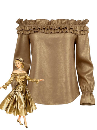 Gold 1950er Schulterfrei Rüschen Schimmer Top