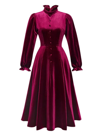 Rot 1950er Samt Rüschenkragen Laternenärmel Kleid