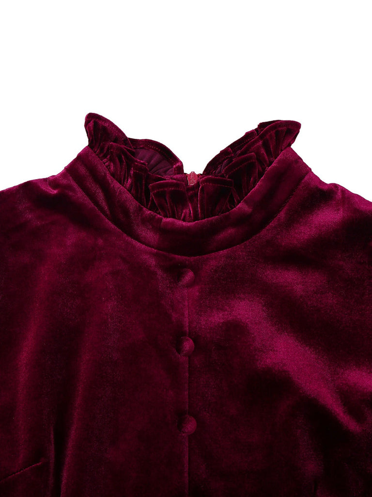 Rot 1950er Samt Rüschenkragen Laternenärmel Kleid