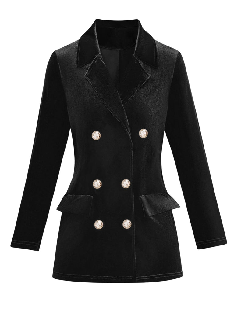 1980er Solide Samt Zweireihiger Revers Blazer