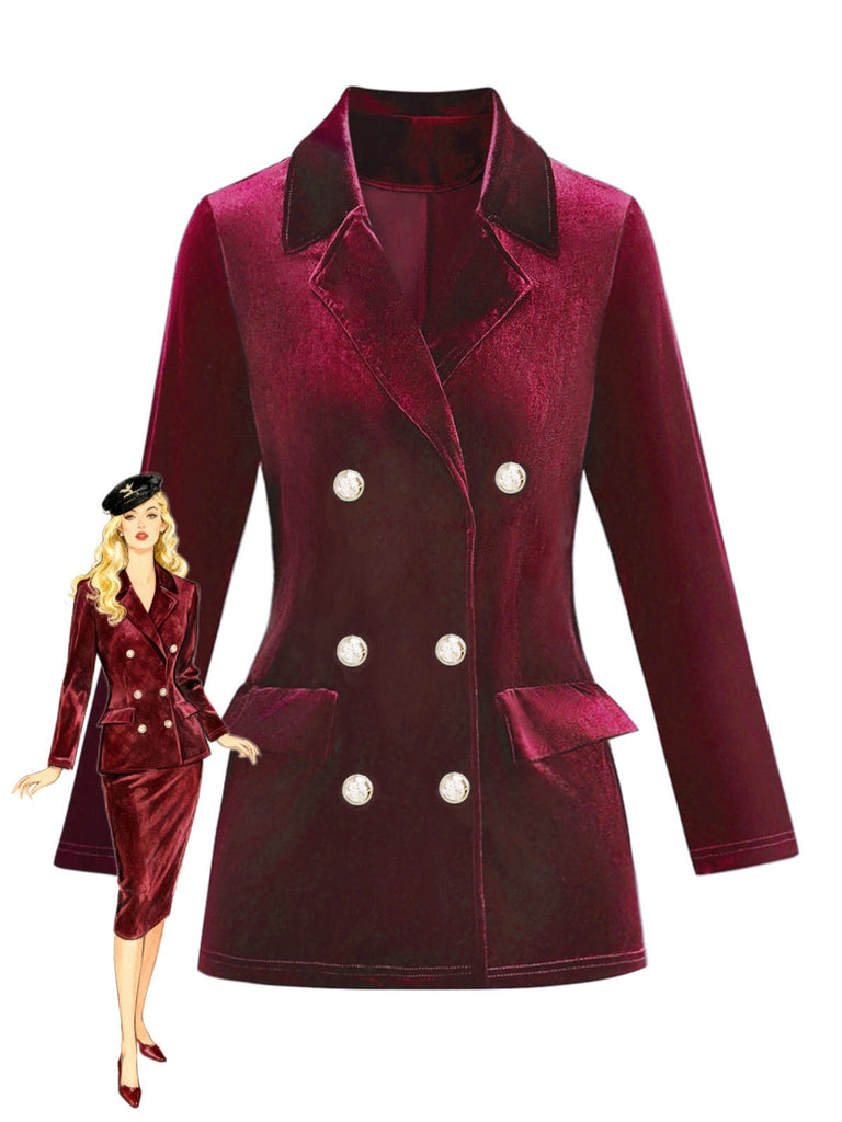 1980er Solide Samt Zweireihiger Revers Blazer