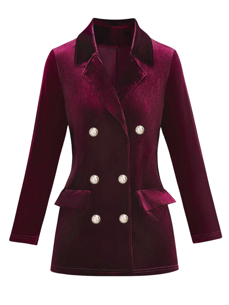 1980er Solide Samt Zweireihiger Revers Blazer