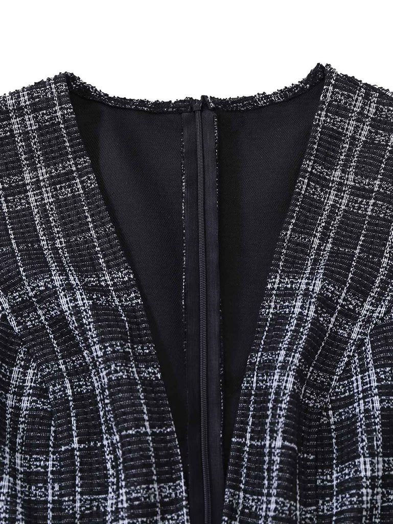 Schwarz 1940er Baumwolle Plaid Tief-V-Ausschnitt Overall Jumpsuit