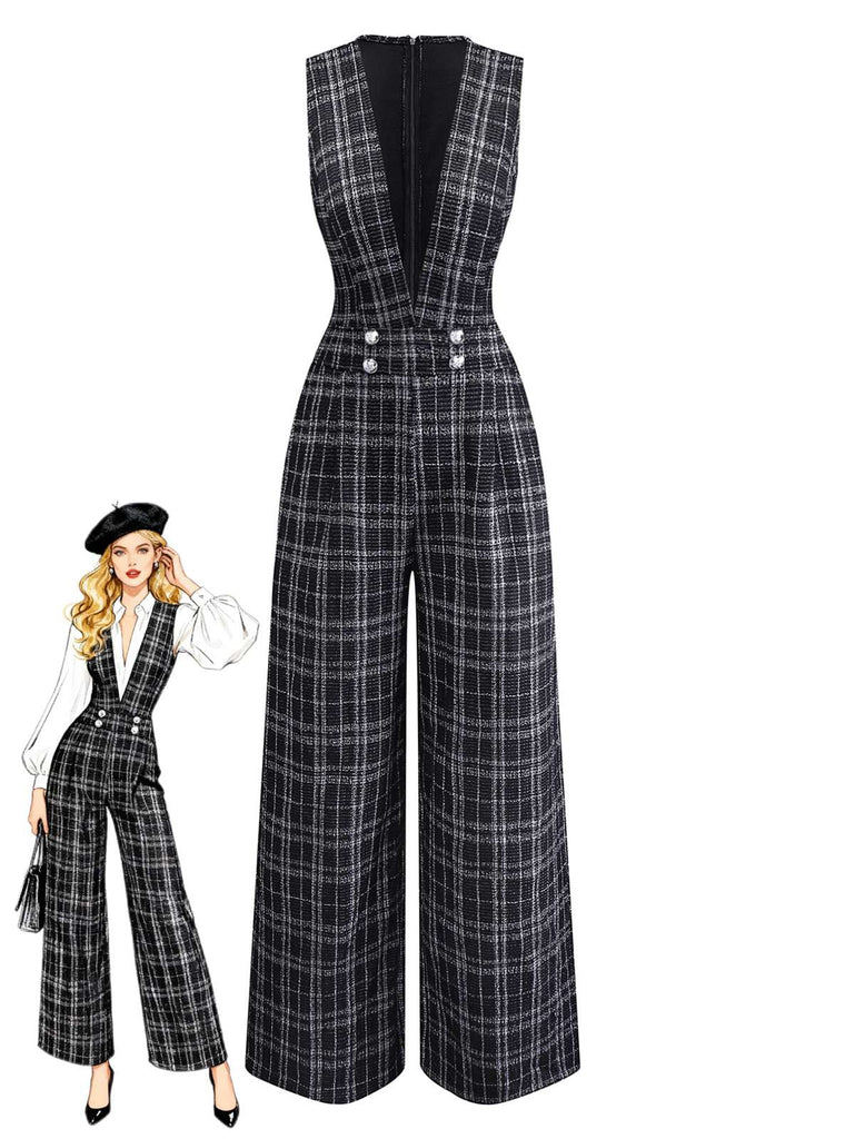 Schwarz 1940er Baumwolle Plaid Tief-V-Ausschnitt Overall Jumpsuit