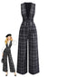 Schwarz 1940er Baumwolle Plaid Tief-V-Ausschnitt Overall Jumpsuit