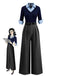 [Vorverkauf] Blau & Grau 1940er Stricken Farbblock 3/4 Ärmel Shirt Jumpsuit