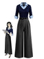 [Vorverkauf] Blau & Grau 1940er Stricken Farbblock 3/4 Ärmel Shirt Jumpsuit